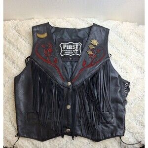 VTG FIRST GENUINE Fringe Leather Biker Vest Sz M Black Red Rose Concho Western